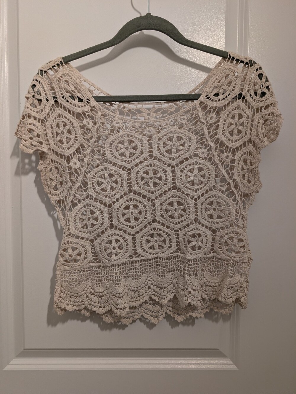 Crochet Lace Short Sleeve Top - Cream